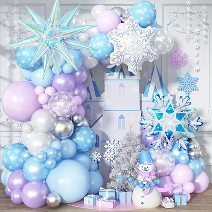 Purple Blue Balloon Garland 135pcs, Pearl Light Purple Blue White Silver Snowflake Balloon Arch with Foil Snow Iridescent Star Balloons for Winter Wonderland Baby Shower Birthday Christmas Party Decor