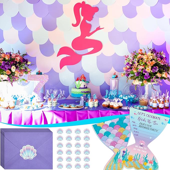Hotop 24 Sets Mermaid Birthday Invitations with Envelopes and Mermaid Stickers Glitter Mermaid Invitations for Kids Birthday Party Baby Shower Mermaid Themed Party Supplies Pool Party