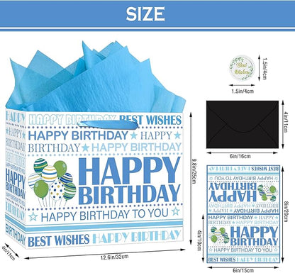 Happy Birthday Gift Bag, White Blue Birthday Bag with Tissue Paper and Greeting Card & Envelope & Sticker, Bithday Wrapping Paper for Men Women, 12.6" Medium Gift Bags Birthday Gifts for Boys Girls (StyleB)