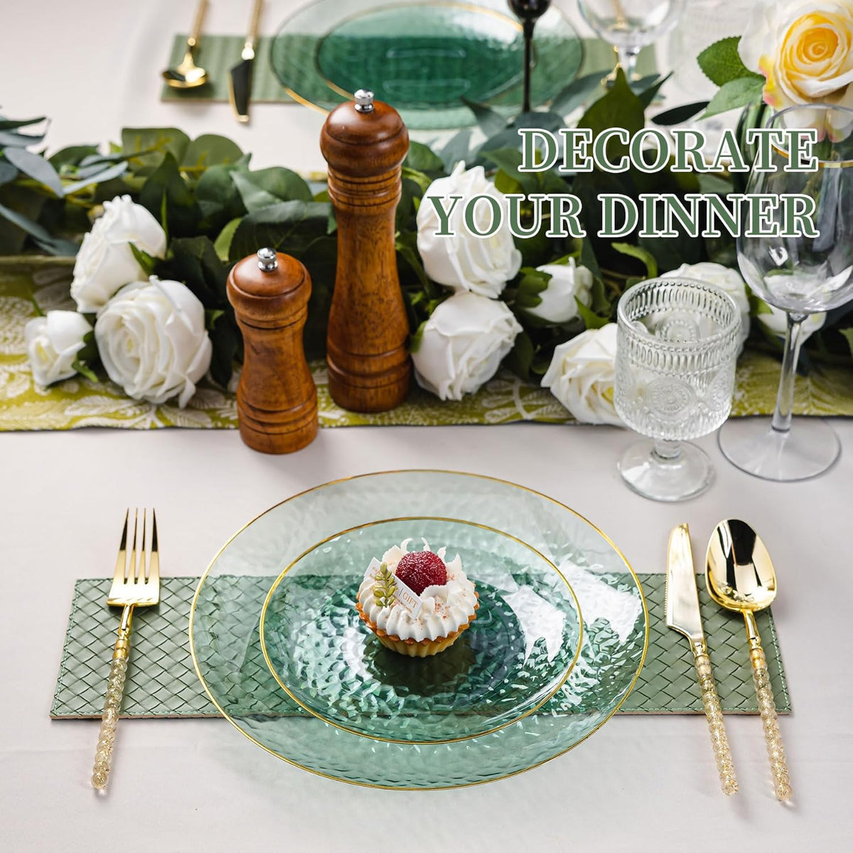 Lullaby 60pcs Green Plastic Plates with Gold Rim, Includes 30pcs Dinner Plate 10'' and 30pcs Clear Dessert Plate 7.5'', Green Disposable Plastic Plates for Parties, Birthdays and Wedding