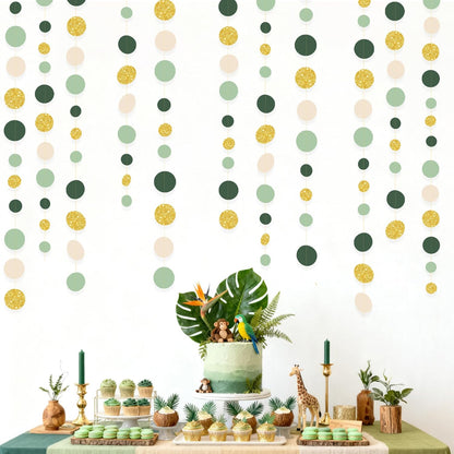 Sage Green Gold Beige Party Polka Dot Garlands Oilve Green Glitter Gold Hanging Paper Circle Dots Streamer for Baby Shower Birthday Wedding Engagement Retirement Boho Safari Party Decorations Supplies