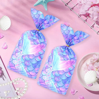 Mikzhskr Mermaid Party Favors - 30 Pcs Decorations, Cookie Goodie Candy Gift Bags, Little Mermaid Cellophane Treat Bags With 30 Pcs Gold Twist Ties for Birthday Party Supplies