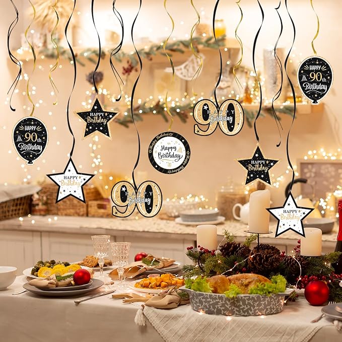 Happy 90th Birthday Black & Gold Glitter Swirls Streamers Party Decorations - 15 Pcs 90th Birthday Hanging Swirls Streamers Kit,Cheers to Ninety Years Old Bday Party Sign.