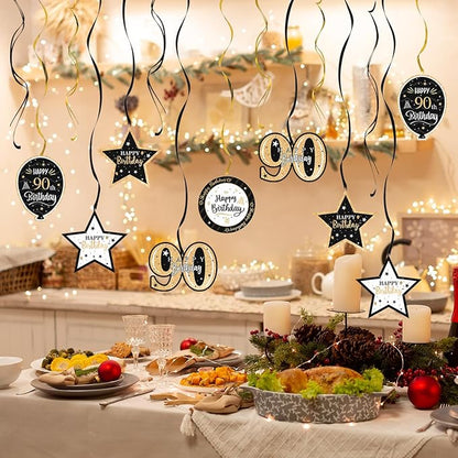 Happy 90th Birthday Black & Gold Glitter Swirls Streamers Party Decorations - 15 Pcs 90th Birthday Hanging Swirls Streamers Kit,Cheers to Ninety Years Old Bday Party Sign.