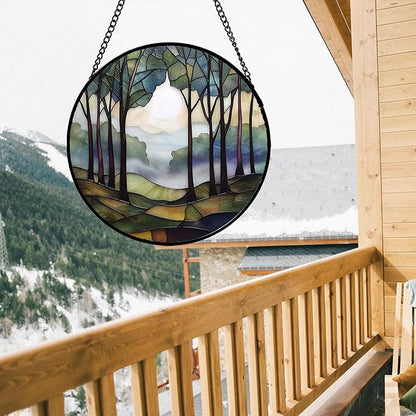 Stained Glass Window Hanging, Green Brown Smoke Forest Moon Suncatcher for Doors Window Home Tree Sun Catchers Decor Mother's Day Birthday Gifts for Women, Men Mom 9.8 in