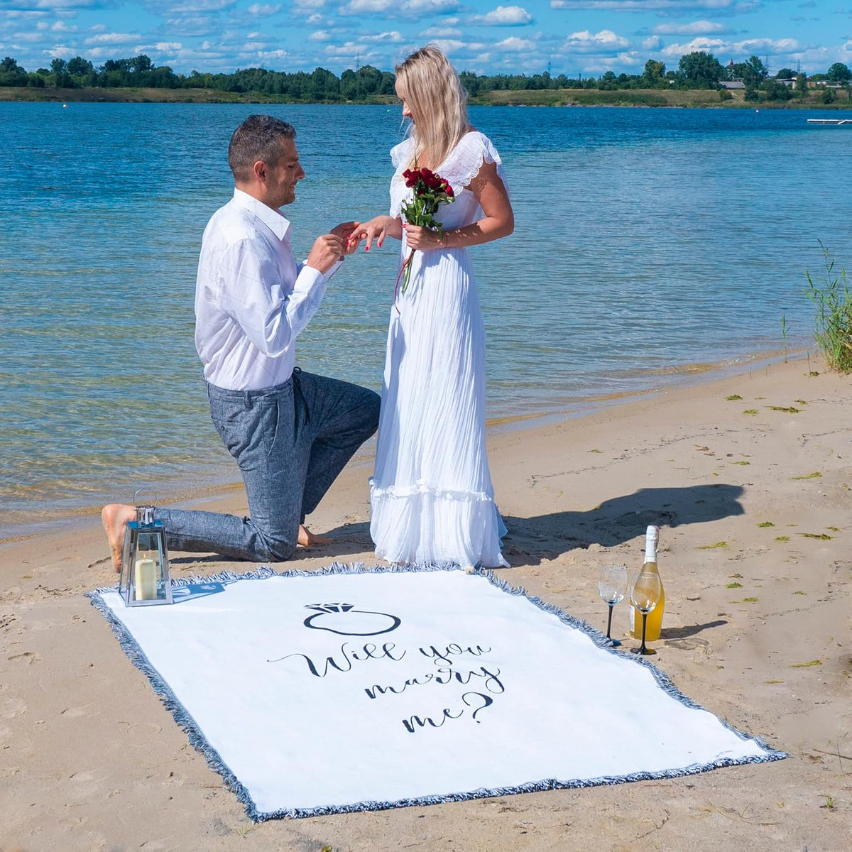 Will You Marry Me Woven Blanket Super Soft Throw Blanket, Wedding Proposal Decorations for Outdoor, Proposal Tapestry Will You Marry Me Sign, Ideal for Engagement Party Decorations, 51x71 in.