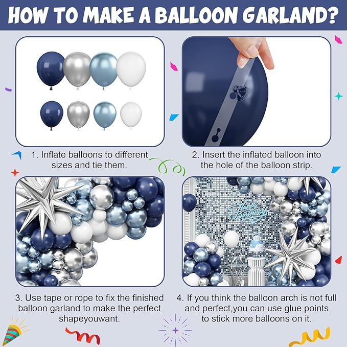 Blue Silver Balloon Arch Kit, Navy Blue Silver White Balloon Garland with Metallic Light blue silver Balloons Star Foil Balloons for Boys Men Birthday Wedding Graduation Baby Shower Party Decoration