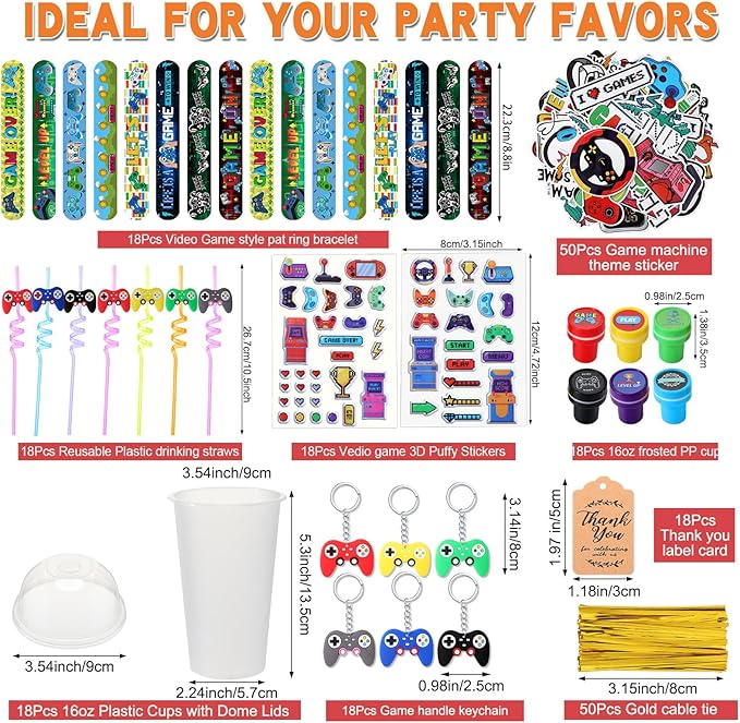 Lenwen 128 Pcs Video Game Party Favors Set Includes Reusable Gamer Drinking Straws Cups 3D Puffy Stickers Slap Bracelets Keychains Game Seals Gift Tags Stickers for Kids Gamer Birthday Party (Cool)