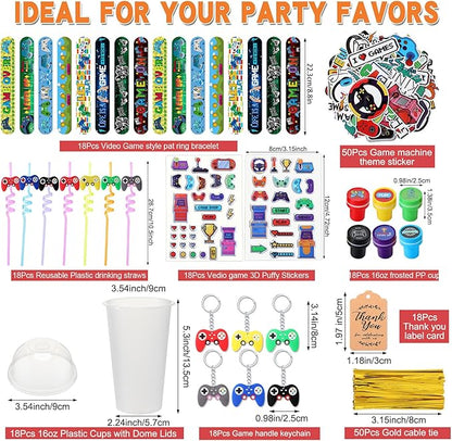 Lenwen 128 Pcs Video Game Party Favors Set Includes Reusable Gamer Drinking Straws Cups 3D Puffy Stickers Slap Bracelets Keychains Game Seals Gift Tags Stickers for Kids Gamer Birthday Party (Cool)
