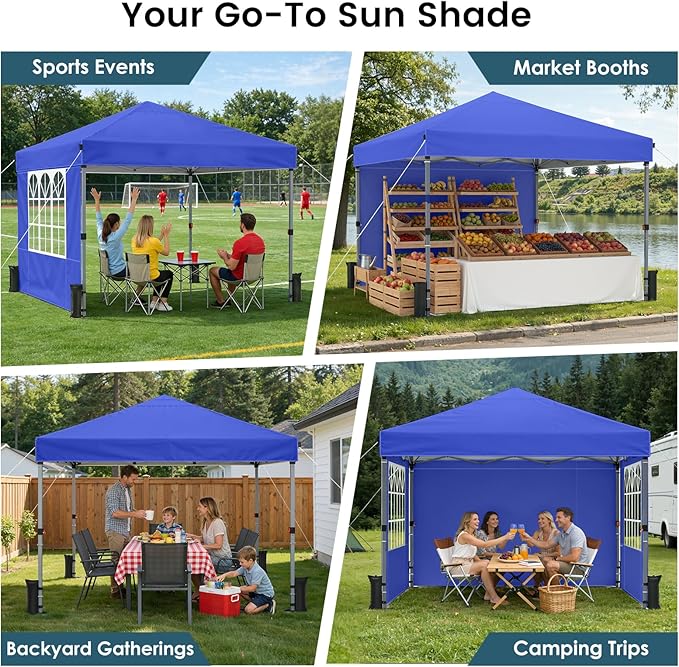 Raynesys Pop Up Canopy Tent with Sidewalls, 10x10ft 10 Person Party Tent One Push Setup, Portable Gazebo Outdoor Sun Shade for Events, Parties, Camping, Commercial, Silver Coated Top, Blue
