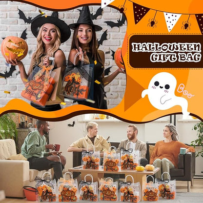 Motipuns 24 Pcs Clear PVC Gift Bags with Handles and Ribbon Party Favor Reusable Plastic Goodie Candy Treat Bags for Birthday Party Supplies(Halloween)