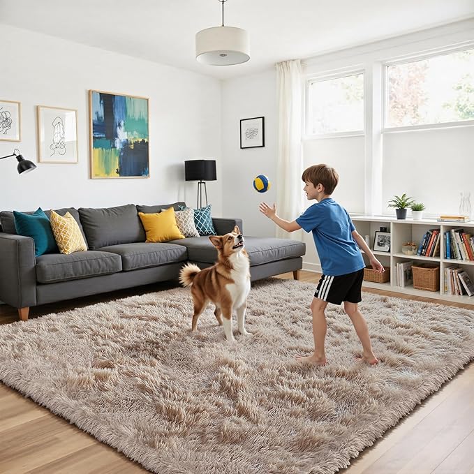 yongyangjuxin Fluffy Rug Shag Area Rug, Beige 8x10 Area Rugs for Living Room, Large Shag Area Rugs for Bedroom Kids Room Home Decor, Upgrade Anti-Skid Rectangular Fuzzy Rugs