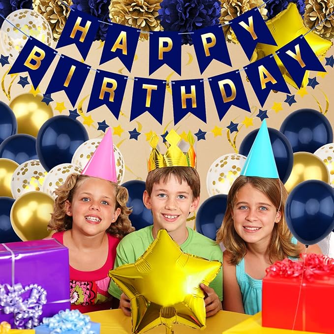 Navy Blue and Gold Happy Birthday Decorations with Banner, Paper Pompoms for Boys, Girls, Men, Women - Party Decorations Supplies