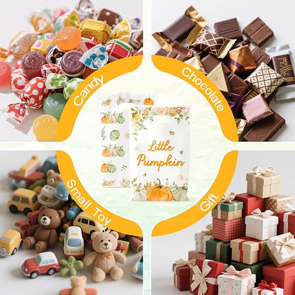 Haooryx Sage Green Pumpkin Party Favor Bag - 50 Pcs Little Pumpkin Plastic Goodie Candy Treat Bag with Handle Gift Wrap Decoration for Kids Birthday Baby Shower Halloween Decoration Party Favor Supply