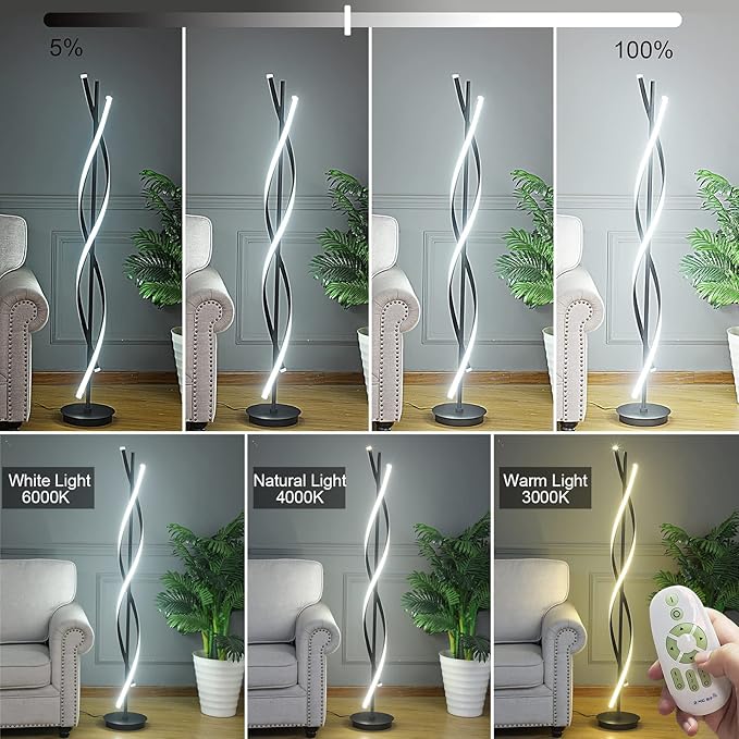 61inch Height; 60W DNA Spiral LED Floor Lights;Art Interior Decoration Home Nordic Floor Lamp Standing Lamp for Living Room Lighting ; 3Color Remote Control Dimming(Black)