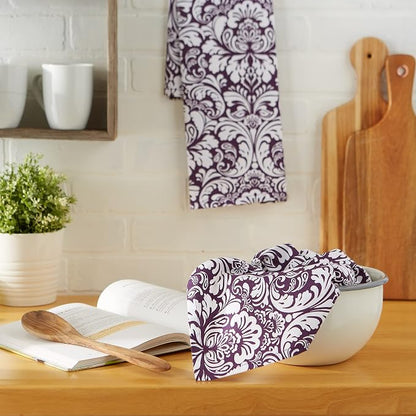 DII Cotton Dish Towel Set Damask Print, 18x28, Eggplant, 2 Count
