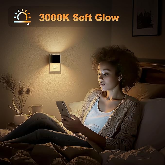 JandCase Night Light, Automatic Night Lights Plug into Wall, 2 Pack Modern Night Lights with Auto Light Sensor, 3000K Brightness Adjustable Nightlight for Kids Bathroom Hallway Kitchen Bedroom Decor