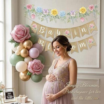 Baby in Bloom Balloon Kit - Dusty Sage Green & Pastel Pink Floral Decorations - Floral Foil Balloons & Banner Set for Girls Boho Baby Shower Spring Garden Birthday Tea Party Supplies