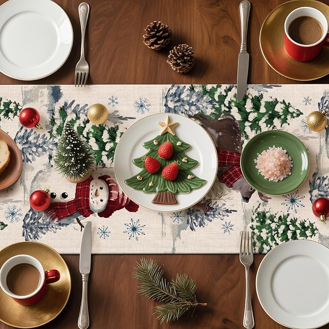 Artscope Reindeer Snowman Christmas Tree Table Runner, Xmas Winter Snowflakes Holiday Kitchen Dining Table Decoration for Christmas Home Party Decor 13x36 Inch-Beige
