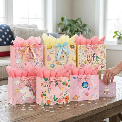 6 Pack Birthday Gift Bags Set for Kids ,Large Holiday Goody Bags with Handle, 6 Ribbons&6 Greeting Cards, Reusable Birthday Treat Bags for Party Favors,Candy,Toys,Classroom Gifts, Cartoon&Cute Design