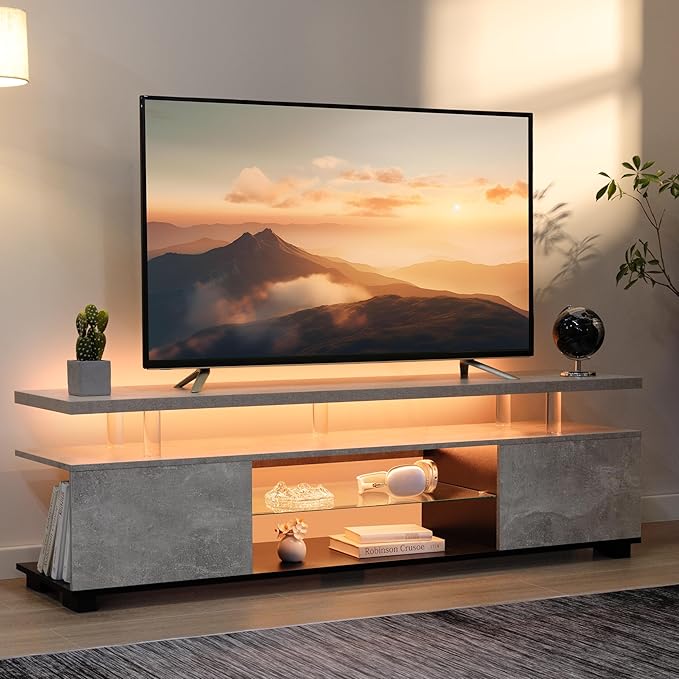 Cubehom Grey TV Stands for Living Room,Glass TV Stand, LED TV Stand for 75+ inch TV,Entertainment Center for Living Room,Bedroom,Home Office