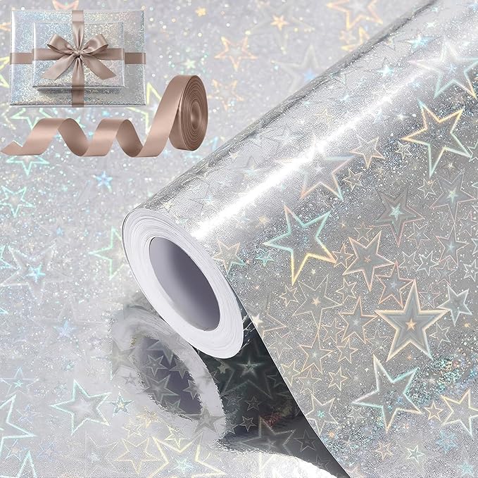 Bafeil Silver Holographic Star Wrapping Paper Roll with Ribbon, Metallic Shiny Gift Wrap, 17 in x 32.8 ft, Sparkly Silver Wrapping Paper for Birthday, Wedding, Graduation, Baby Shower & Holiday Gifts