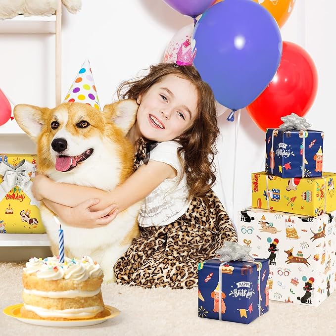 WERNNSAI Dog Wrapping Paper Rolls - 3 Rolls 17" x 120" Doggy Boys Wrapping Paper Rolls Puppy Gift Wrap Paper Kids Birthday Gift Packign Holiday Supply Short Roll Mini Roll with Cutting Line