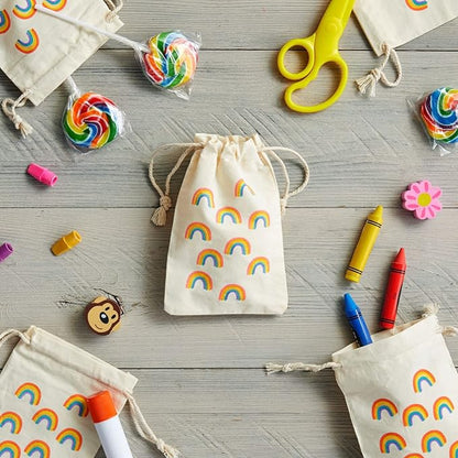 Juvale Rainbow Canvas Bags - 4 x 6 In, Pack of 12 - Mini Canvas Drawstring Bags for Kids & Party Favors - Rainbow Design