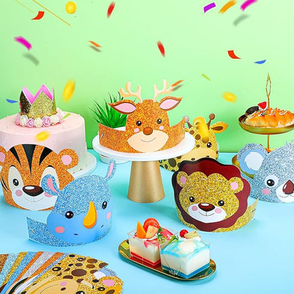 Gersoniel 24 Pcs Animal Birthday Party Hats Animal Headbands Jungle Safari Animal Paper Party Crown for Girls Kids (Jungle Animal)