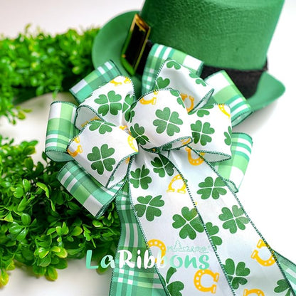 LaRibbons St Patricks Day Ribbon Wired 2 Rolls 2.5 Inch x 20 Yards Tt, Glitter Shamrock Green and White Plaid Ribbon for Crafts Supplies Wreath Bow Making DIY