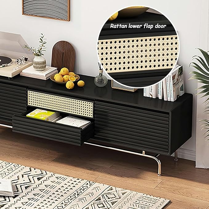TV Stand TV Stand, Modern Entertainment Center, TV-Console with Cable Hole, Wood TV Cabinet, No Assembly Required, TV Tables with Storage, for Living Room, Bedroom(Black,Wood Leg)