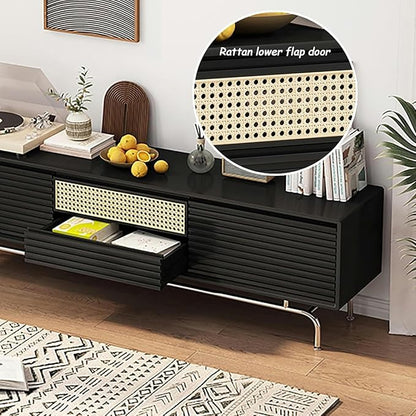 TV Stand TV Stand, Modern Entertainment Center, TV-Console with Cable Hole, Wood TV Cabinet, No Assembly Required, TV Tables with Storage, for Living Room, Bedroom(Black,Wood Leg)