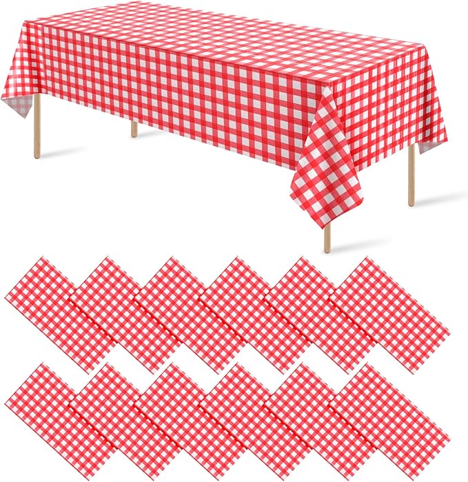 12 Pack Red and White Plastic Checkered Tablecloth, Premium Decorative Disposable Red Gingham Plaid Table Cloths for Parties, Rectangle Party Table Cover for Picnic Farm Birthday Wedding, 54x108 Inch