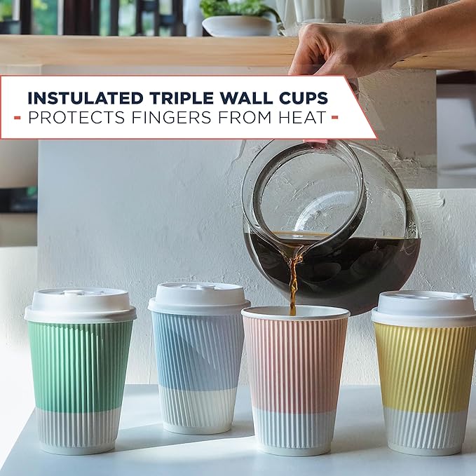 Disposable Coffee Cups With Lids - 12 oz To Go Coffee Cup With Lid (80 Set). Durable Togo Travel Paper Hot Cups Insulated For Hot and Cold Beverage Drinks, No Sleeves Needed (Assorted)