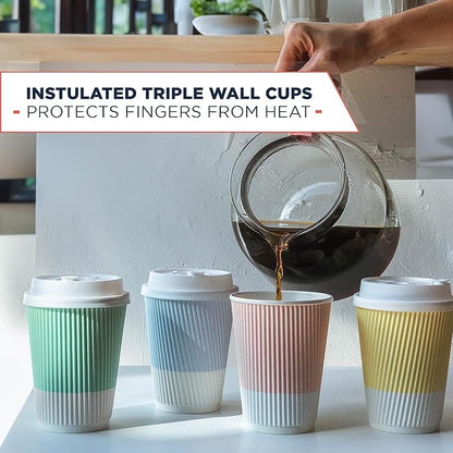 Disposable Coffee Cups With Lids - 12 oz To Go Coffee Cup With Lid (80 Set). Durable Togo Travel Paper Hot Cups Insulated For Hot and Cold Beverage Drinks, No Sleeves Needed (Assorted)