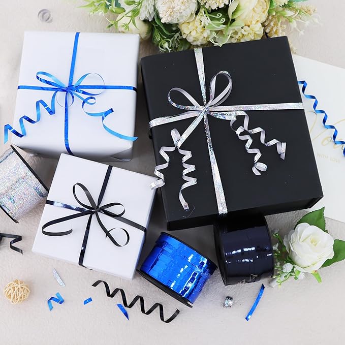 BEISHIDA 3 Pack 100 Yards Blue Black Silver Curling Crimped Glitter Ribbon Balloon String Shiny Metallic Gift Wrapping Ribbon for 2026 Graduation Retirement Birthday Baby Shower Party Decoration