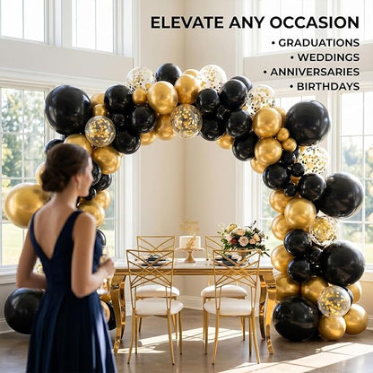 60pcs Black & Gold Balloon Kit, 12 Inch Metallic Gold & Black Gold Confetti Balloons for Graduation 2026 Men’s Milestone Birthday New Year’s Eve Party Decorations (with Ribbons & Glues)