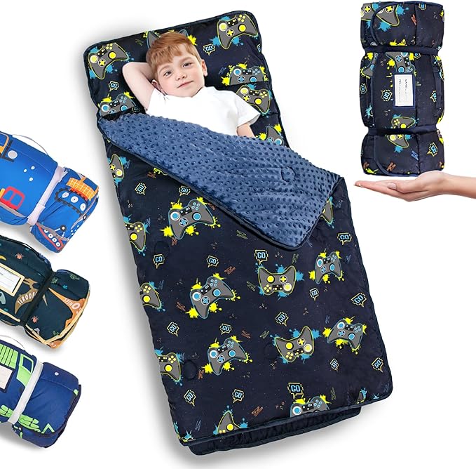 Primlect Thickened Toddler Nap Mat with Removable Pillow and Minky Blanket, Extra Large 55''x35'' Sleeping Bag, Washable, Roll up, Perfect for Daycare, Preschool, Kindergarten, Boys and Girls