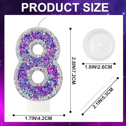 K-pop Number 8 Birthday Candle, Star Glitter Filled Number Candle, Purple Silver Fantasy Cake Topper for Birthday Party Decoration
