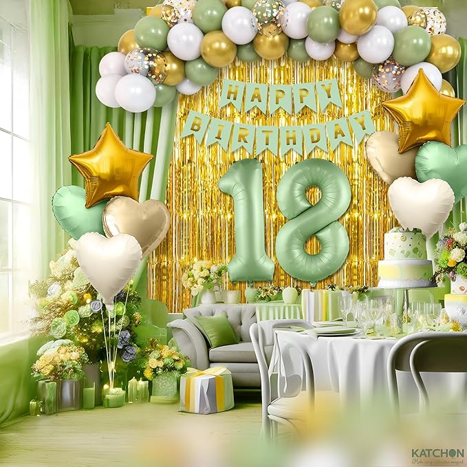 KatchOn, Sage Green 18th Birthday Decorations Set – Pack of 49 | Sage Green 18 Balloon Numbers, Star, Heart & Confetti Balloons, Gold Backdrop | 18th Sage Green Birthday Decorations for Girls, Boys