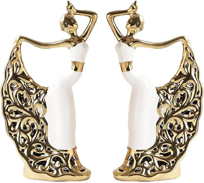 2 Pcs Ceramic Statues Home Decor, Dancer Women Sculpture Figurine, Modern Aesthetic Abstract Art Decorative Accent for Living Room Bedroom Bookshelf Dining Table Centerpiece Office (White and Gold)