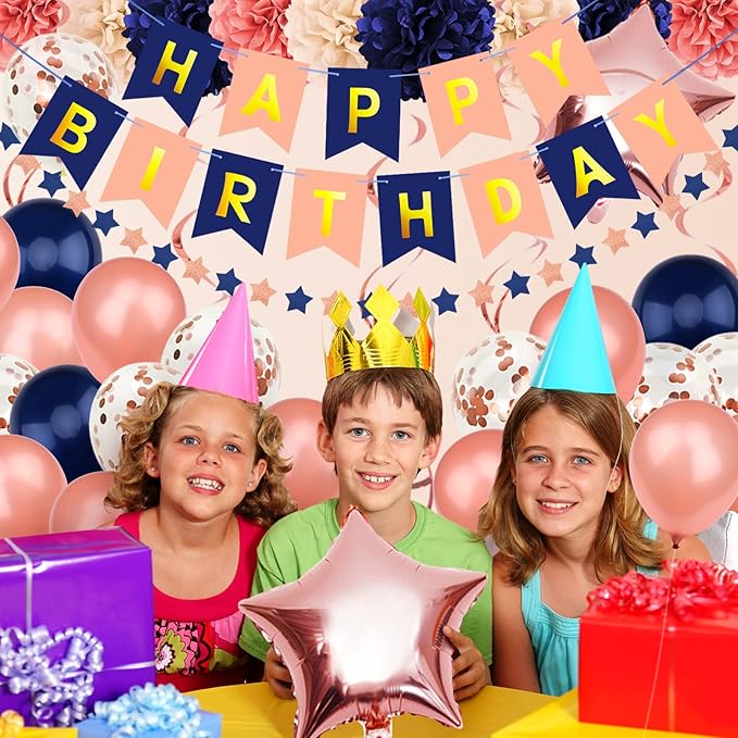Rose Gold & Navy Blue Party Decorations - Happy Birthday Decorations with Banner for Women, Girls, Engagement & Anniversary Parties