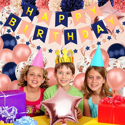Rose Gold & Navy Blue Party Decorations - Happy Birthday Decorations with Banner for Women, Girls, Engagement & Anniversary Parties