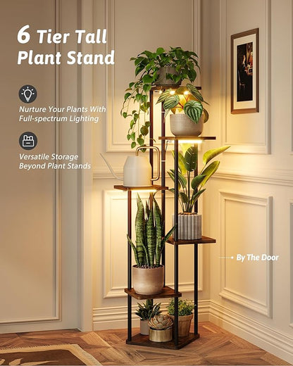 GENTINGBRO Corner Plant Stand Indoor 6 tiered plant shelf for Multiple Plants tall plant holder plant table metal shelving for Living Room Bedroom Balcony Patio Brown Oak with Light