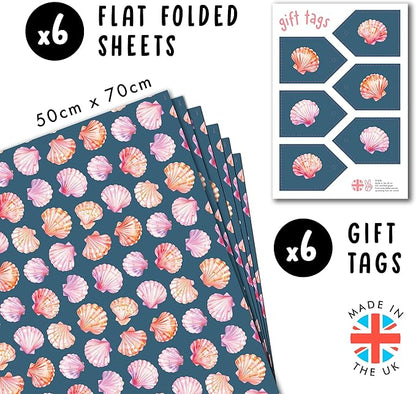 CENTRAL 23 Seashell Wrapping Paper - 6 Sheets Ocean Beach Theme Gift Wrap For Women Girls Birthday Wedding Or Anniversary - Pink And Purple Shells Blue - Comes With Tags