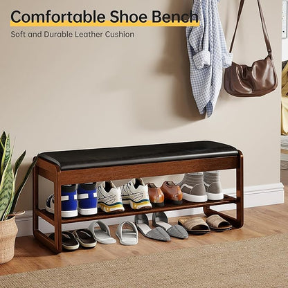 Shoe Rack Bench with Flip-Top Storage, Rubberwood 2-Tier Shoe Organizer with Cushion, Long Wooden Shoe Stand for Entryway, Mudroom, Hallway, Closet, Front Door Entrance, Foyer