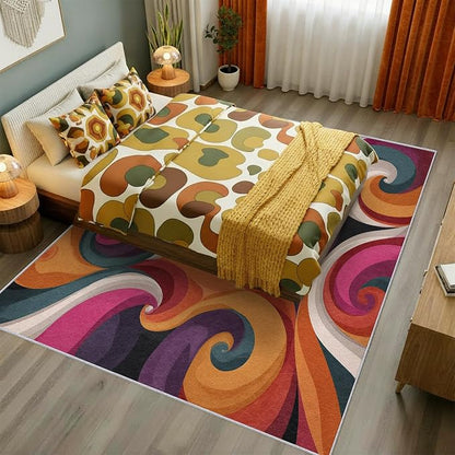70s Rug 5x8 Retro Funky Hippie Psychedelic Swirl Pattern Area Rugs for Living Room, Bedroom, 70s Home Decor Accessories Indoor Carpet, Non Slip & Machine Washable, GD0397