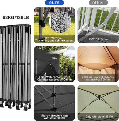 COBIZI 10x30 Heavy Duty Pop up Canopy with 8 sidewalls Party Tent for Parties Weddings Events UPF 50+ Waterproof Commercial Gazebo with Roller Bag, Black(Frame Thickened)