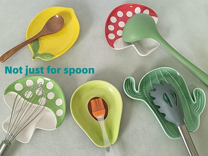 Ceramic Spoon Rest for Stove Top & Kitchen Counter Spoon Holder for Stove & Cooking Spoon Holder for Ladle Cute Spoon & Utensil Rest Tong Spatula Rest, Mushroom Kitchen Decor & Accessories (Green)