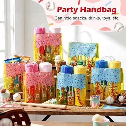 Abbylike 24 Pcs Drip Ice Cream Softball Clear PVC Gift Bag with Handles Candy Gift Treat Bags for Birthday Game Celebration Sports Theme Party Decorations